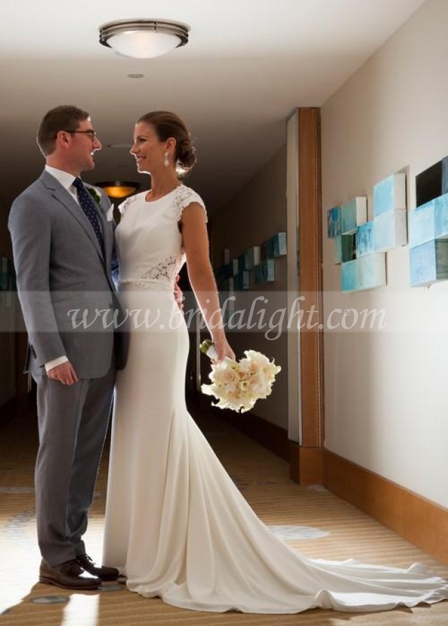 Cap Sleeves Lace Spandex Wedding Gown with Sweep Train