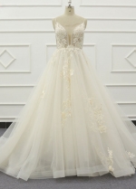 Cream Appliques Lace A-line Wedding Dresses Spaghetti Straps