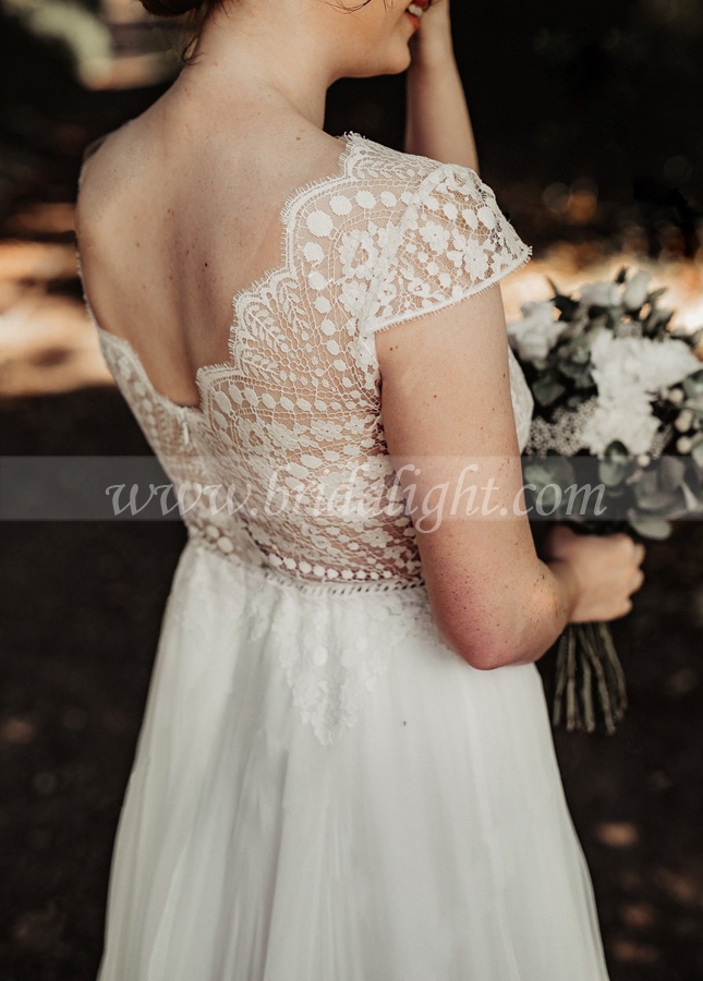 Cap Sleeve Lace Chiffon Wedding Dresses A Line Noivas Sweep Train