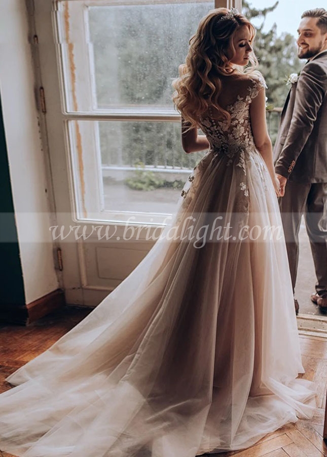 Champagne Lining Ivory Tulle A Line Wedding Dresses Sheer Neck Elegant Bridal Gowns Vestido De Noivas