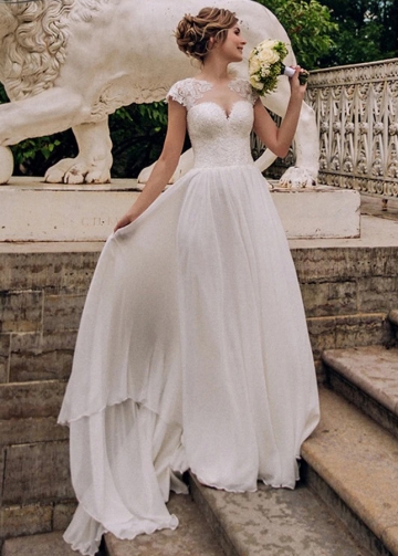 Classical Chiffon Wedding Dresses Sheer Neck Lace Bridal Gowns A Line Country Noivas