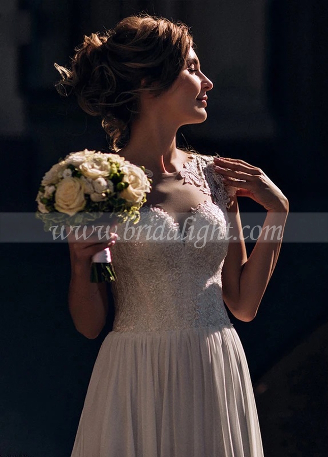 Classical Chiffon Wedding Dresses Sheer Neck Lace Bridal Gowns A Line Country Noivas