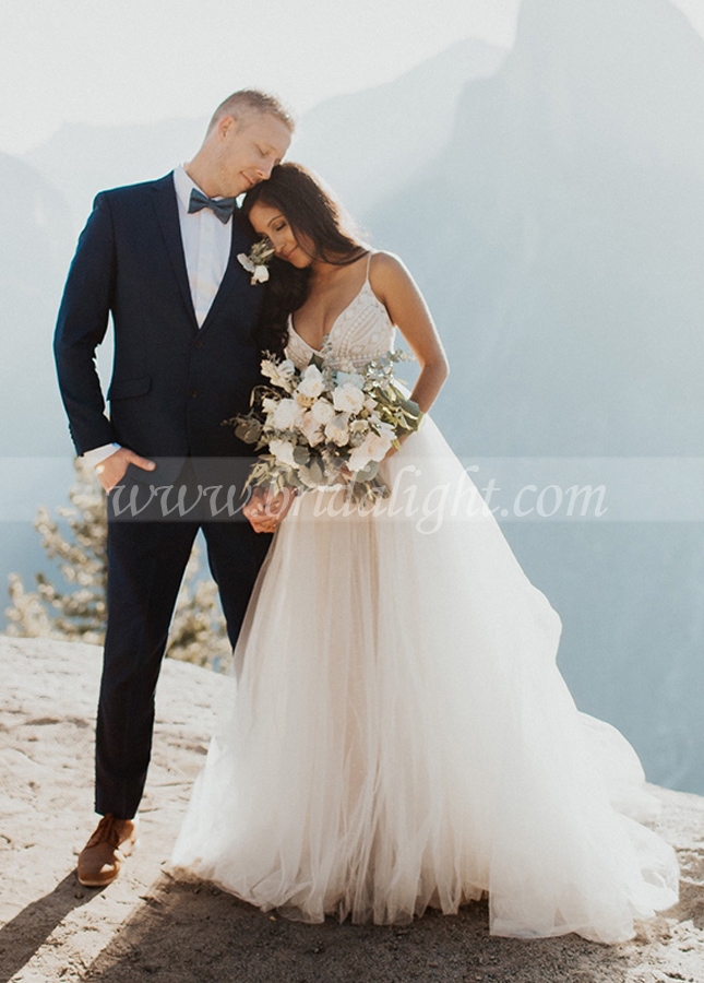 Champagne Lining Ivory tulle Bohemian Wedding Dresses V-Neck Backless Bridal Gowns Noivas Chic