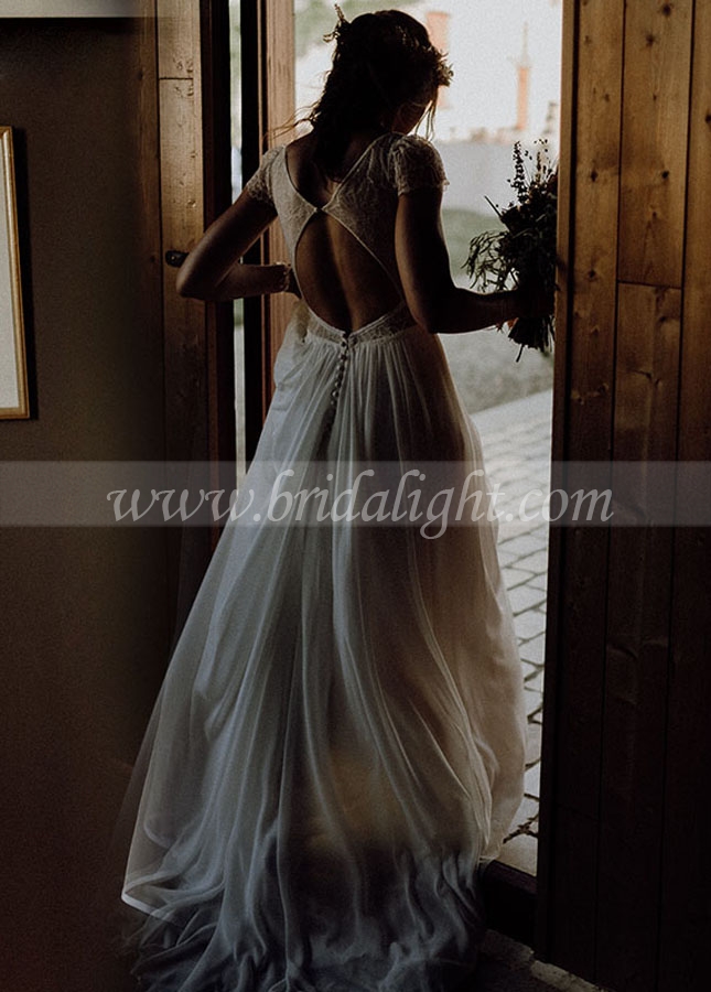 Cap Sleeve Chiffon Wedding Dresses Cutout Back Bridal Gowns