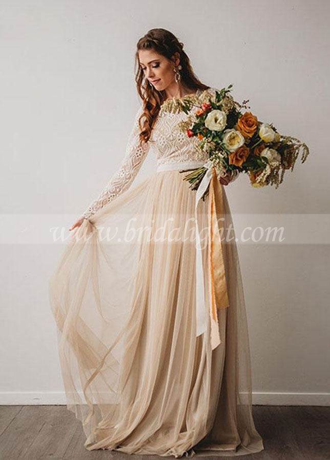 Champagne Tulle Wedding Dresses Full Sleeve Lace Bridal Gowns
