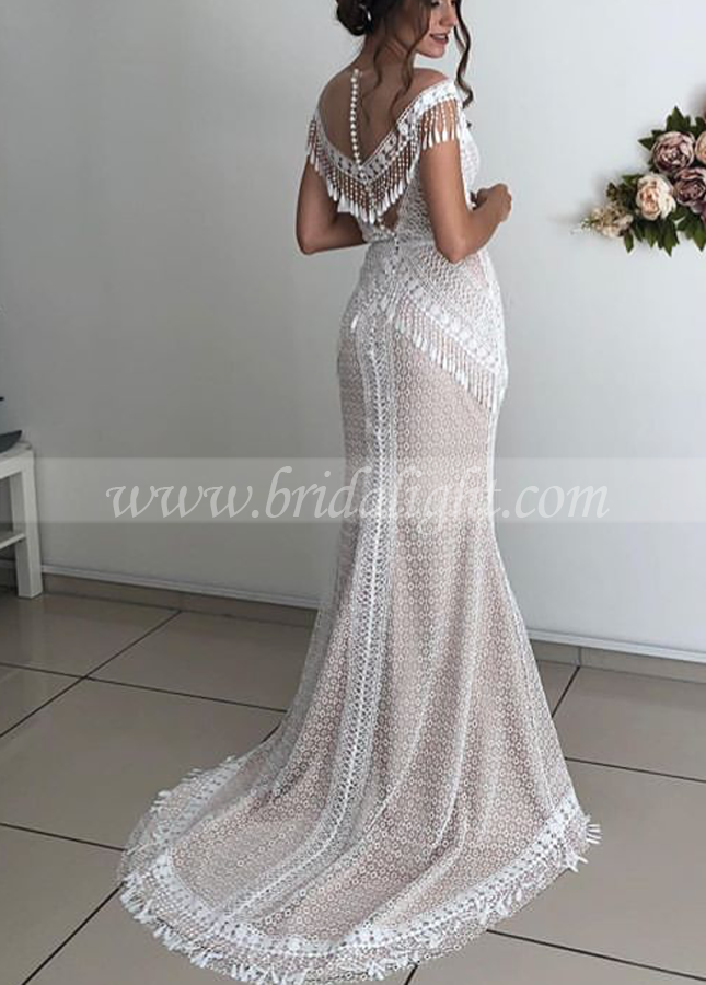 Chic Boho Tassel Lace Mermaid Wedding Dress