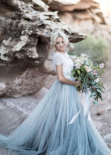 Dusty Blue Tulle Wedding Dress with Removable Lace Top
