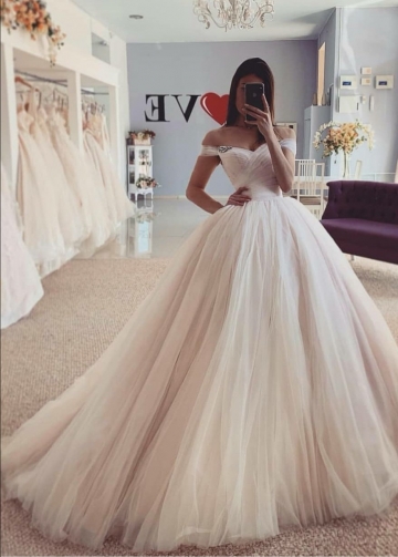 Dusty Pink Tulle Skirt Wedding Dresses Off-the-shoulder
