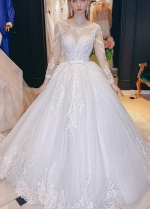 Dreamy Floal Lace Ball Gown Wedding Gown Tulle Skirt Long Sleeves