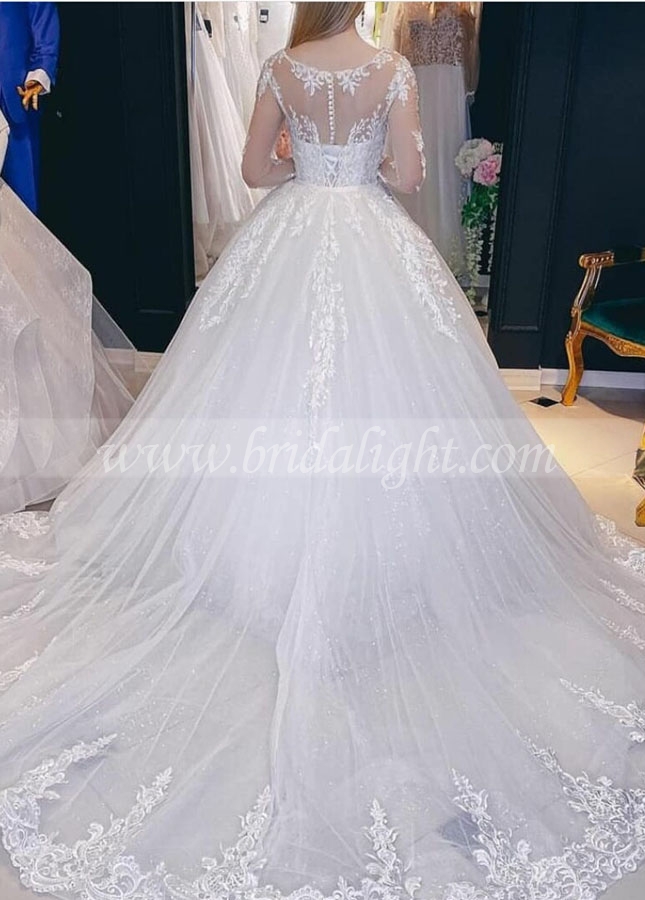 Dreamy Floal Lace Ball Gown Wedding Gown Tulle Skirt Long Sleeves