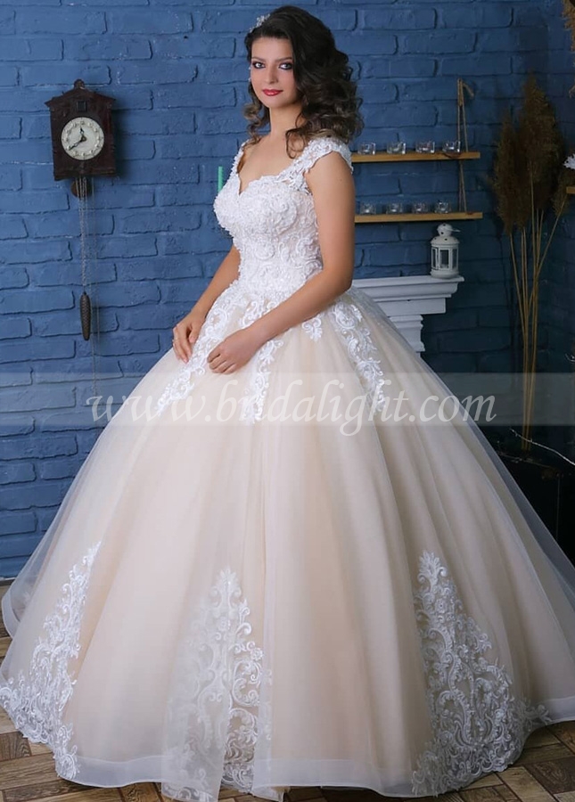 Dreamy Champagne Lace and Tulle Ball Gown Wedding Dresses Off-the-shoulder