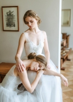 Dusty Tulle Boho Wedding Dress with Beaded Scalloped Lace V neckline