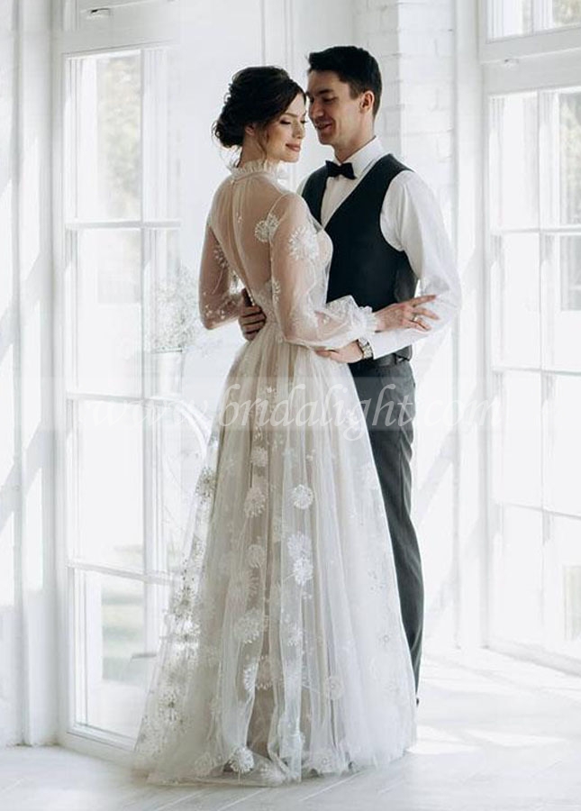 Dandelion Emboridery Lace Wedding Dresses Light Champagne Lining Bridal Gowns