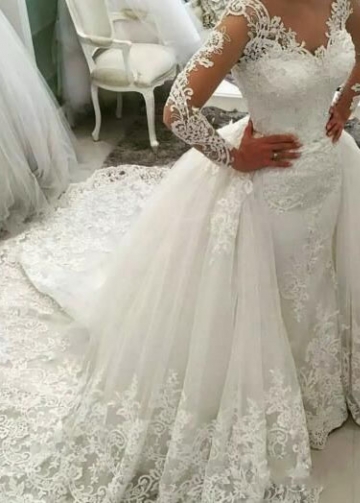 Detachable Skirt Wedding Dress Saudi Arabia Bridal Wedding Gowns Dubai Luxury Sleeve Mermaid Vestido De Noiva