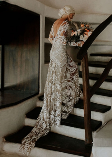 Dramatic Cornelli Lace Wedding Dresses Long Sleeve