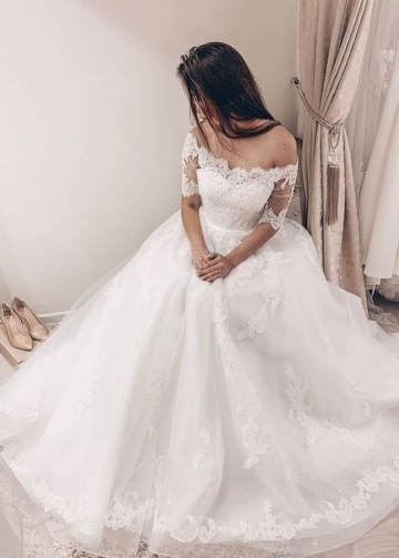 Elegant Off the Shoulder A-line Bridal Gown With Short Sleeves