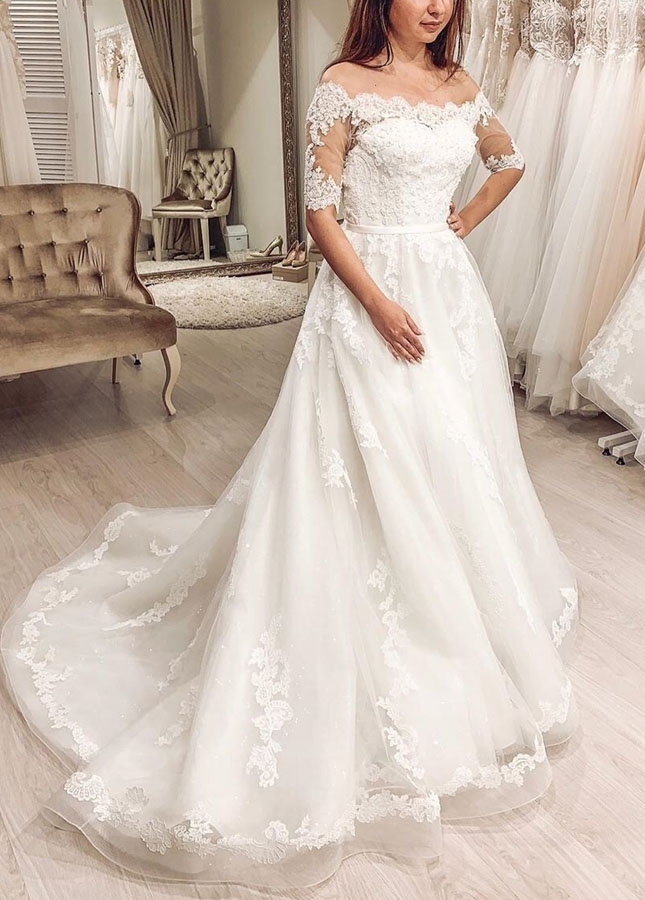 Elegant Off the Shoulder A-line Bridal Gown With Short Sleeves