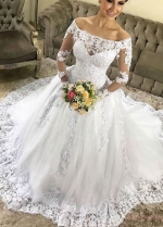 Elegant Off-the-shoulder Lace Wedding Gown Long Sleeves