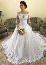 Elegant Off-the-shoulder Lace Wedding Gown Long Sleeves