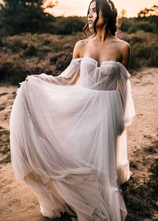 Elegant Flowy Tulle Wedding Dress Off the Shoulder Long Sleeve Boho Wedding Bridal Gowns
