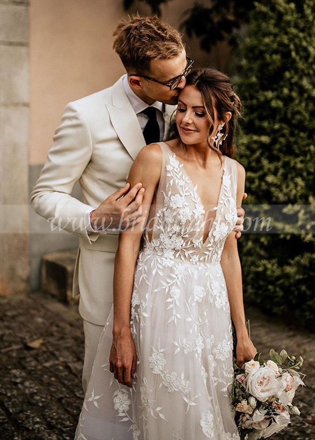 Elegant Floral Lace Wedding Dresses Deep V-Neck A Line Bridal Gowns Bohemian Vestido de noivas