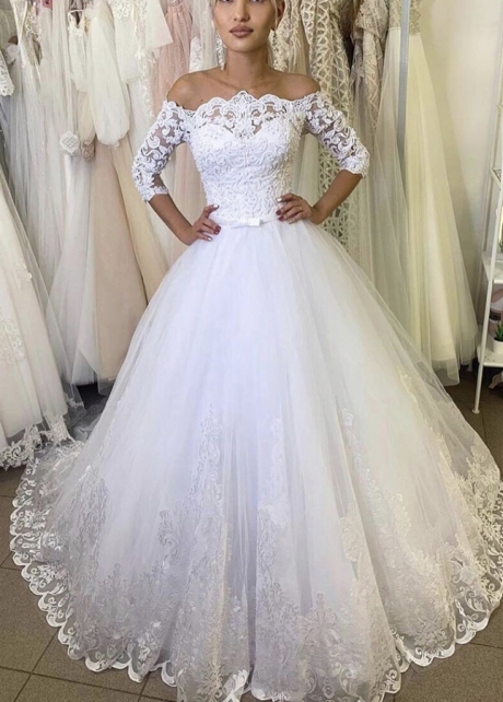 Elegant Off the Shoulder A Line Wedding Dresses Chapel Train Bridal Gowns