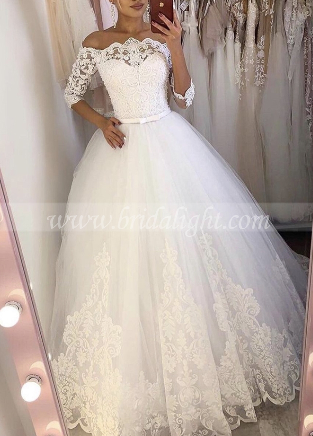 Elegant Off the Shoulder A Line Wedding Dresses Chapel Train Bridal Gowns