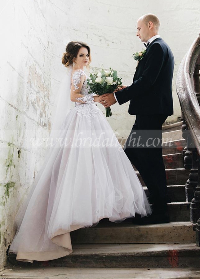 Elegant Lace Wedding Dresses A Line Long Sleeve Bridal Gowns illusion back Robe de soriee