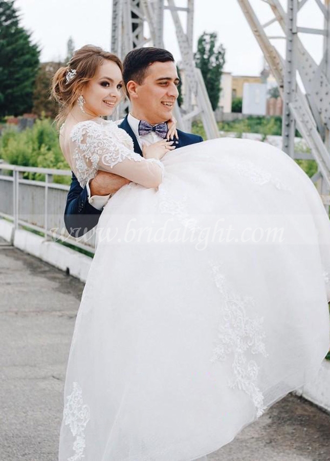 Elegant Fairy Lace Wedding Dresses With Train Long Sleeves Bridal Dress Gown
