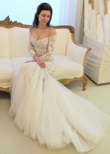 Elegant Mermaid Lace Wedding Dresses Sheer Bateau Neck Long Sleeves Bridal Gowns Sweep Train Plus Size