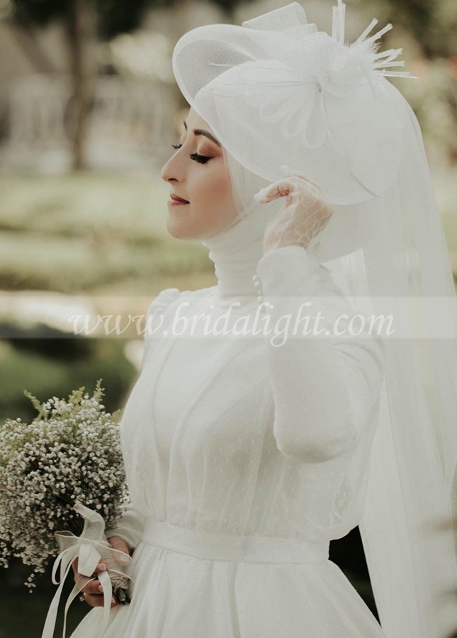 Elegant Simple Satin Tulle Muslim Wedding Dresses A-line Bride Dress