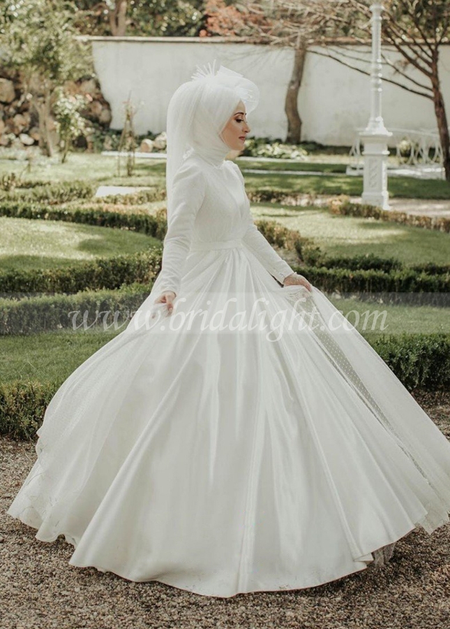 Elegant Simple Satin Tulle Muslim Wedding Dresses A-line Bride Dress