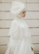 Elegant Long Muslim Wedding Bridal Gown Lace Edge Tulle Bride Dress