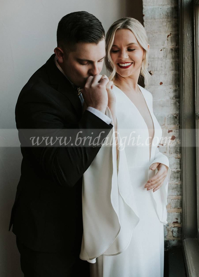 Elegant Long Flare Sleeves Wedding Dresses White/Ivory Deep V Bride Dress