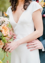Elegant Beach V-Neck Satin Cap Sleeves Simple Wedding Dresses