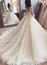 Floral Appliques Tulle Wedding Gown with Long Sleeves