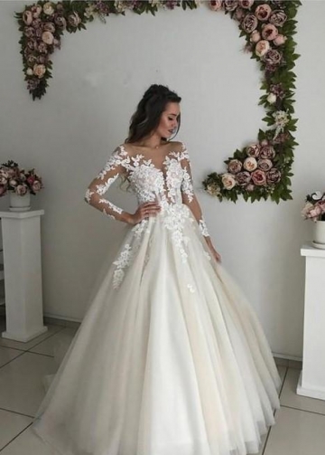 Floral Lace Long Sleeves Bride Dress Tulle Skirt
