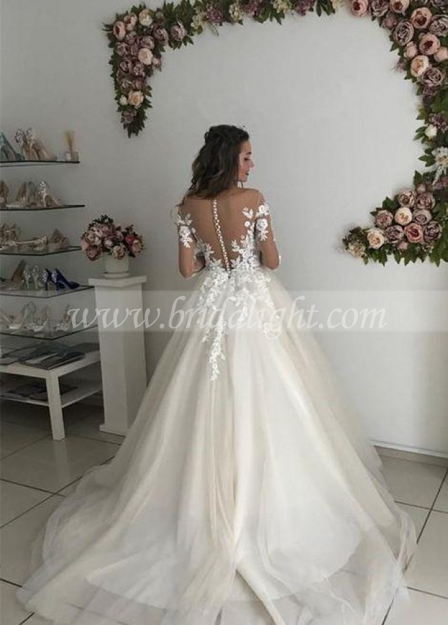 Floral Lace Long Sleeves Bride Dress Tulle Skirt