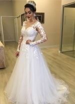 Floral Lace Long Sleeves Bride Gown with Tulle Skirt