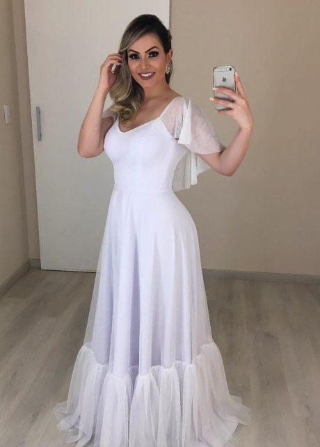 Flounced Sleeves Tulle White Wedding Dress for Seaside