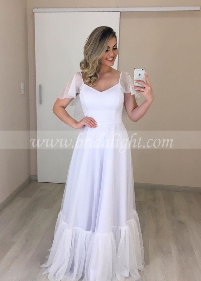 Flounced Sleeves Tulle White Wedding Dress for Seaside