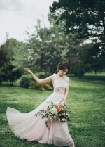 Flowers Sheer Lace Boho Wedding Dress with Tulle Skirt