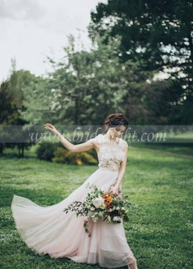 Flowers Sheer Lace Boho Wedding Dress with Tulle Skirt