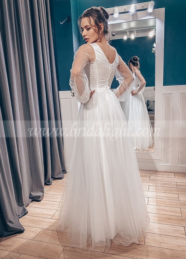 Floor Length Long Sleeves Wedding Dress with Tulle Skirt