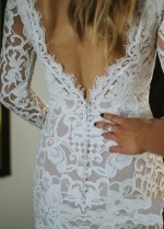 Full Lace Mermaid Boho Nude Lining Wedding Gown With Long Sleeves