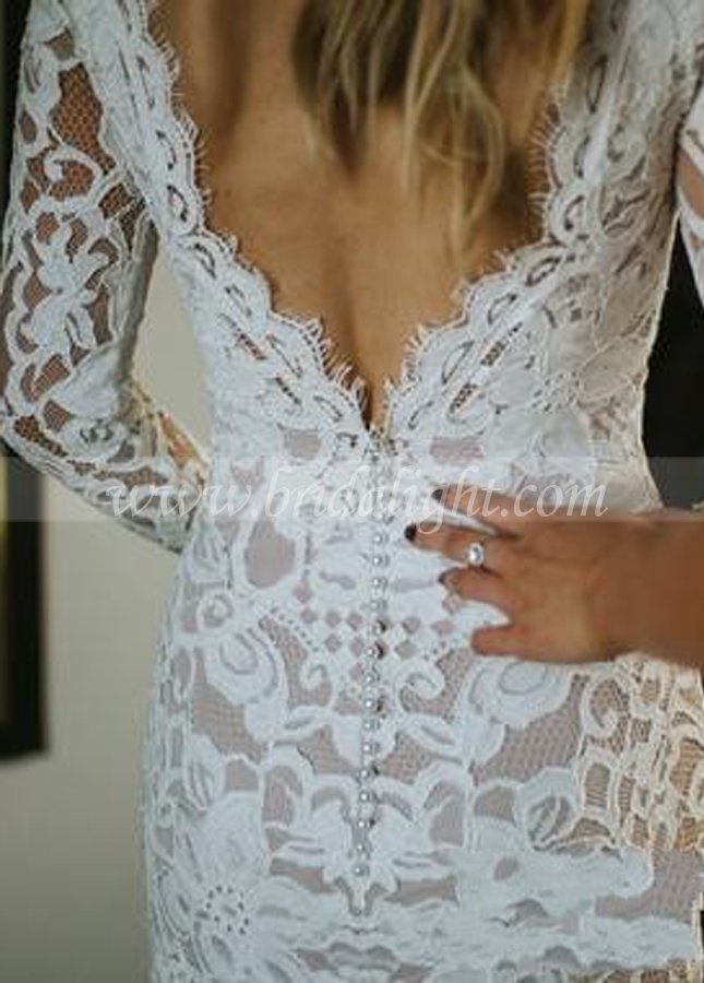 Full Lace Mermaid Boho Nude Lining Wedding Gown With Long Sleeves