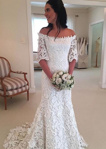 Floral Lace Bridal Dresses with Off-the-shoulder Sleeves
