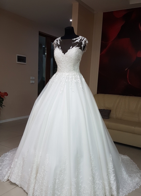 Floral Lace Cap Sleeve Wedding Dresses with Transparent Neckline