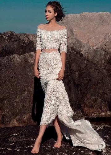Fit&Flare Lace Two Piece Wedding Dresses with Half Length Sleeves
