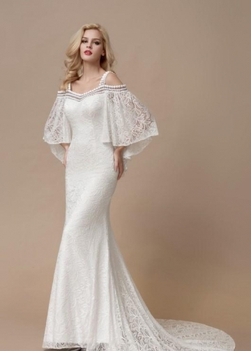 Flutter Sleeves Mermaid Lace Bridal Dresses with Pearls Neckline